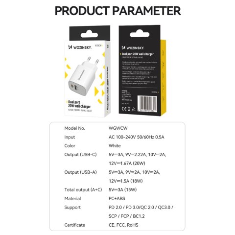 Ładowarka sieciowa 20W USB-A USB-C 100-240V biała