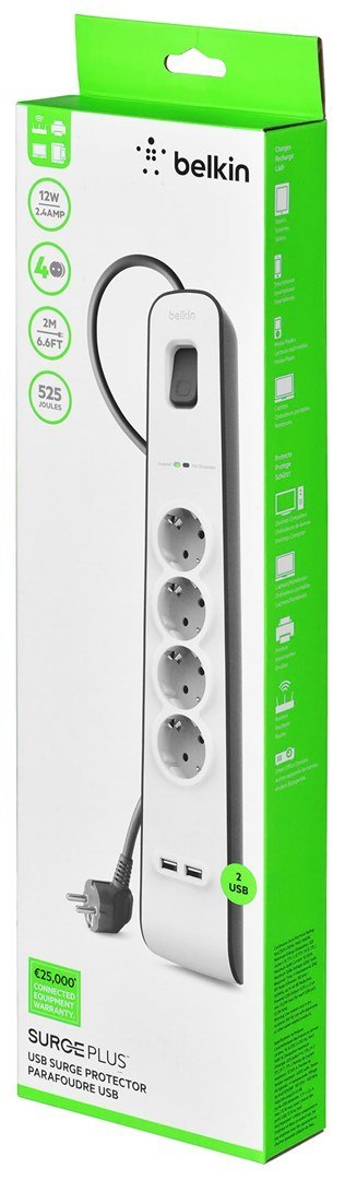 Listwa zasilająca Belkin Power Surge 4-PORT + 2xUSB-A Grey/White Schuko