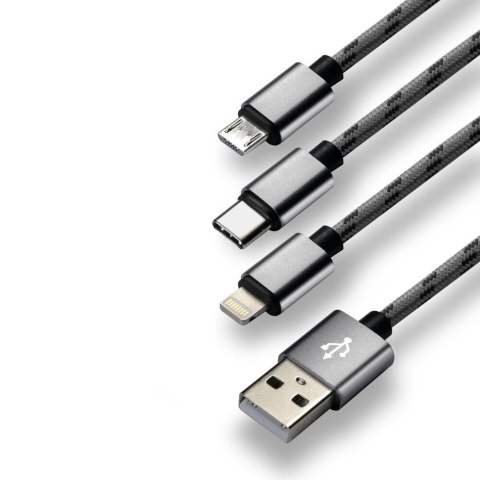 Kabel USB-A -> USB-C/microUSB/Lightning 3w1 1,2m 2,4A pleciony czarny EVERACTIVE (CBB-1.2MCI)