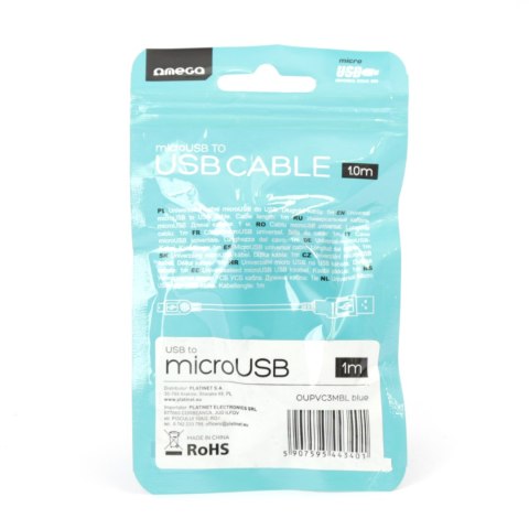 Kabel USB-A -> microUSB 1m 2A niebieski OMEGA BAJA (44340)