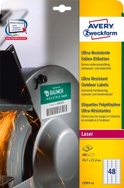 Etykiety A4 białe 45,7x21,2mm(10arkuszy)L7911-10 polietylenowedo użytku zewnętrznego AVERY ZWECKFORM
