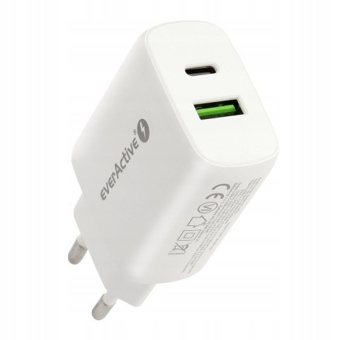 Ładowarka sieciowa 230V EVERACTIVE SC-370Q 1xUSB-C + 1xUSB 3A 25W biała