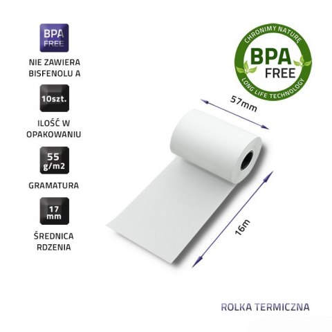 QOLTEC ROLKA TERMICZNA 57X16 | 55G/M2 | 10SZT | BPA FREE