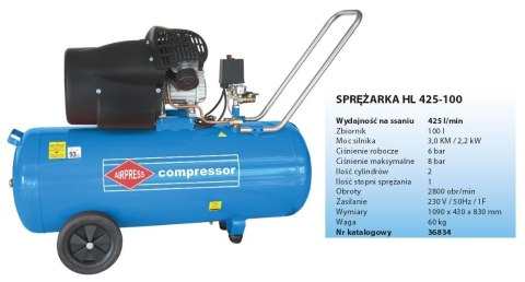 AIRPRESS SPRĘŻARKA OLEJOWA HL425-100 "V-ka" 100L, 425 l/min, 8 BAR