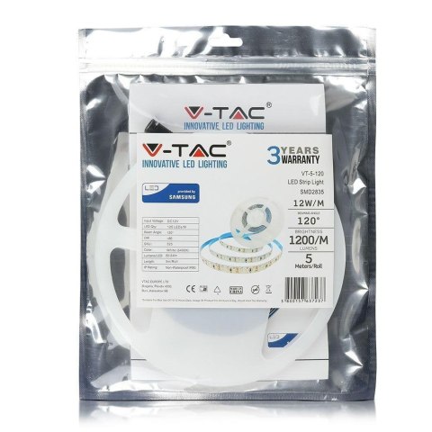 Taśma LED V-TAC SAMSUNG CHIP 2835 600LED 12V IP20 12W/m VT-5-120 6000K 1200lm 3 Lata Gwarancji