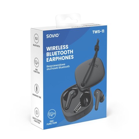 SAVIO SŁUCHAWKI BEZPRZEWODOWE BLUETOOTH 5.3 Z MIKROFONEM, ENC, QC TWS-11