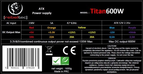 REBELTEC ZASILACZ ATX VER.2.31 BOX+KABEL TITAN 600