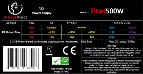 REBELTEC ZASILACZ ATX VER.2.31 BOX+KABEL TITAN 500