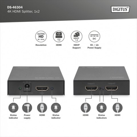 Rozdzielacz/Splitter HDMI 2-portowy, 4K 30Hz UHD 3D, HDCP 1.3, audio