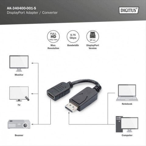 Kabel adapter Displayport z zatrzaskiem 1080p 60Hz FHD Typ DP/HDMI A M/Ż czarny 0,15m