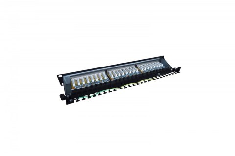 Panel krosowy (patch panel) 19'' 24x RJ45, kat.6, ekranowany, LSA poziom, prowadnica kabli, pola opisowe, 1U, czarny (kompletny)