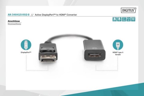 Kabel adapter DisplayPort z zatrzaskiem 1080p 60Hz FHD Typ DP/HDMI A M/Ż 0,2m Czarny