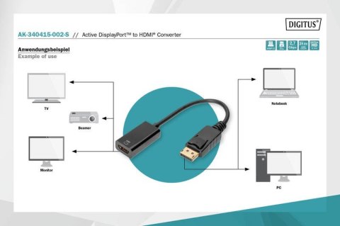 Kabel adapter DisplayPort z zatrzaskiem 1080p 60Hz FHD Typ DP/HDMI A M/Ż 0,2m Czarny