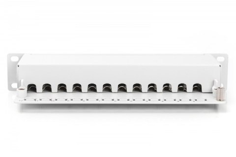 Patch panel 10 cali 12-portów RJ-45 Kat.6 ekranowany 1U kompletny LSA, wspornik kablowy, szary