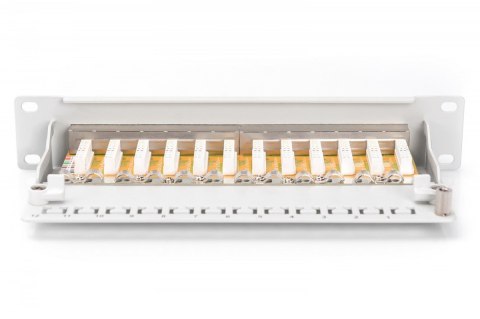 Patch panel 10 cali 12-portów RJ-45 Kat.6 ekranowany 1U kompletny LSA, wspornik kablowy, szary