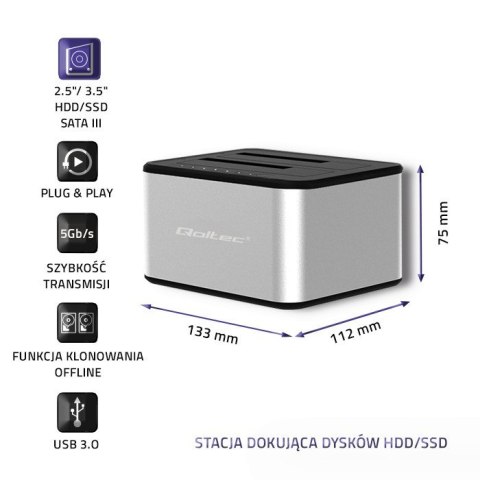 Stacja dokująca dysków 2xHDD/SSD | 2.5"/3.5" SATA | USB 3.0 | Klonowanie