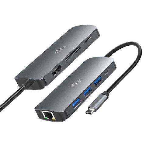 HUB USB-C 8 portów MT5044 3xUSB-A 3.0, 1xUSB-C PD, 1xRJ45, 1xHDMI 4K, 1xSD 1xMicro SD