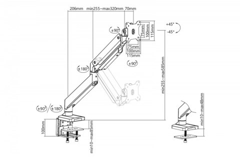 Ramię biurkowe podwójne z zaciskiem, 2xLCD, max. 35", max. obciążenie 2x15kg, ze sprężyną gazową