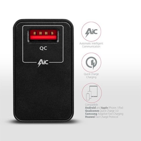 ACU-QC19 Ładowarka sieciowa, QC 19W, 1x port USB-A, QC3.0/AFC/FCP/SMART, czarna