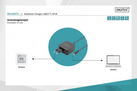 Ładowarka sieciowa zasilacz 1x USB-C PD 3.0 max. 65W zintegrowany kabel 1,2m Czarna