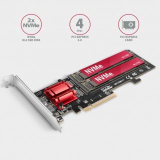 PCEM2-ND Kontroler PCIe x 8, 2x slot M.2 NVMe M-key RAID wsparcie dla płyt bez bifurkacji, w zestawie, SP & LP