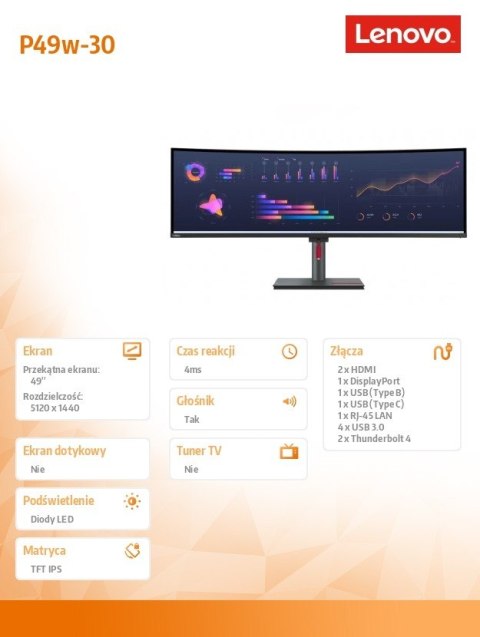 Monitor 49.0 cali ThinkVision P49w-30 WLED 63DBRAT1EU