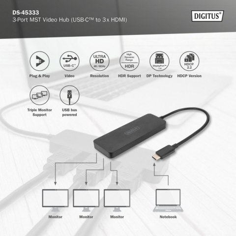 Hub/Koncentrator 3-portowy USB Typ C/3x HDMI 4K/60Hz HDR HDCP 2.2 MST