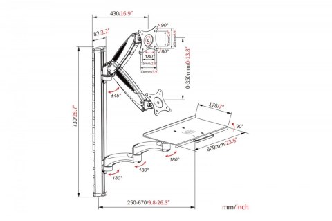 Ramię naścienne pojedyncze 1xLCD + klawiatura, max. 32" i 8kg uchylno-obrotowe 360° (PIVOT)