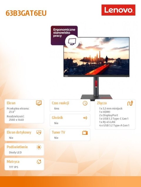 Monitor 23.8 cali ThinkVision P24h-30 WLED LCD 63B3GAT6EU