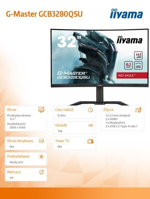 Monitor G-Master 31.5 cala GCB3280QSU-B1 VA,QHD,165Hz,1500R,0.2ms,2xHDMI,2xDP