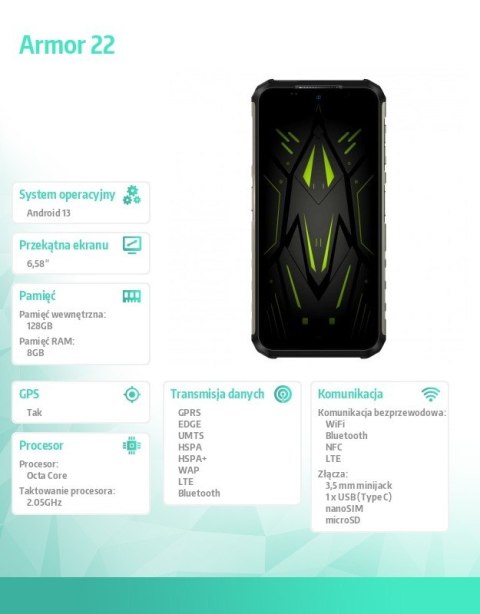 Smartfon Armor 22 6.58" 8/256GB IP68/IP69K 6600 mAh DualSIM zielony