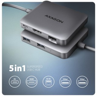 HMC-5HL Wieloportowy hub 2x USB-A, 4K HDMI, GLAN, USB 3.2 Gen 1, PD 100W, 15cm USB-C kabel