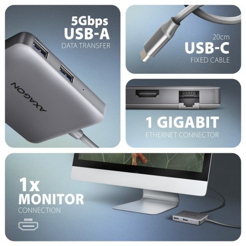 HMC-5HL Wieloportowy hub 2x USB-A, 4K HDMI, GLAN, USB 3.2 Gen 1, PD 100W, 15cm USB-C kabel