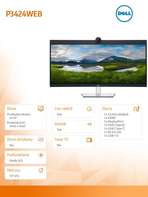 Monitor P3424WEB 34 cale IPS Zakrzywiony WQHD (3440x1440)/21:9/HDMI/DP/USB-C/RJ-45/Kamera/Głośniki/Mikrofon/3Y