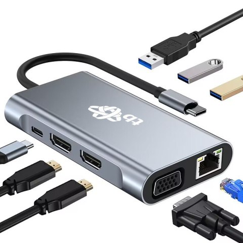 HUB Adapter USB C 8w1 HDMIx2 USB VGA RJ45 PD