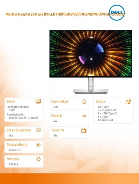 Monitor U2424H 23.8 cala IPS LED FHD(1920x1080)/16:9/HDMI/DP/USB-C/USB/3Y