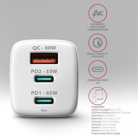 ACU-DPQ65W Ładowarka sieciowa GaN 65W, 3x port (USB-A + dual USB-C) PD3.0/QC4+/PPS/Apple, biała