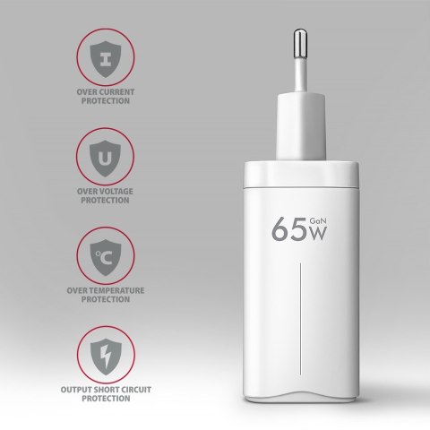 ACU-DPQ65W Ładowarka sieciowa GaN 65W, 3x port (USB-A + dual USB-C) PD3.0/QC4+/PPS/Apple, biała