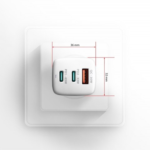 ACU-DPQ65W Ładowarka sieciowa GaN 65W, 3x port (USB-A + dual USB-C) PD3.0/QC4+/PPS/Apple, biała