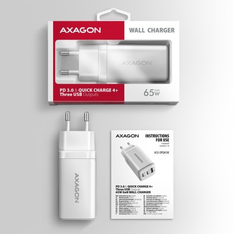 ACU-DPQ65W Ładowarka sieciowa GaN 65W, 3x port (USB-A + dual USB-C) PD3.0/QC4+/PPS/Apple, biała