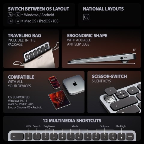 HMC-KB-US Klawiatura USB-C 5Gbps w. HUB, microSD/SD, 3x USB-A, HDMI 4K/60Hz, PD 100W, Audio, US layout