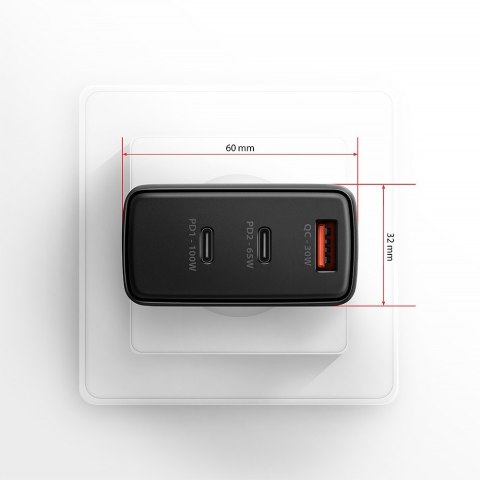 Ładowarka sieciowa ACU-DPQ100 GaN 100W, 3x port (USB-A + dual USB-C) PD3.0/QC4+/PPS/Apple Czarna