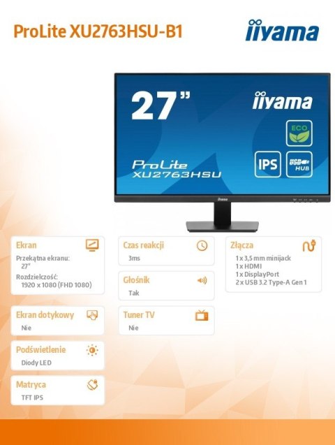 Monitor 27 cali ProLite XU2763HSU-B1 IPS,100HZ,ECO,3ms,SLIM,HDMI,DP,2x USB3.2 TCO,EPEAT