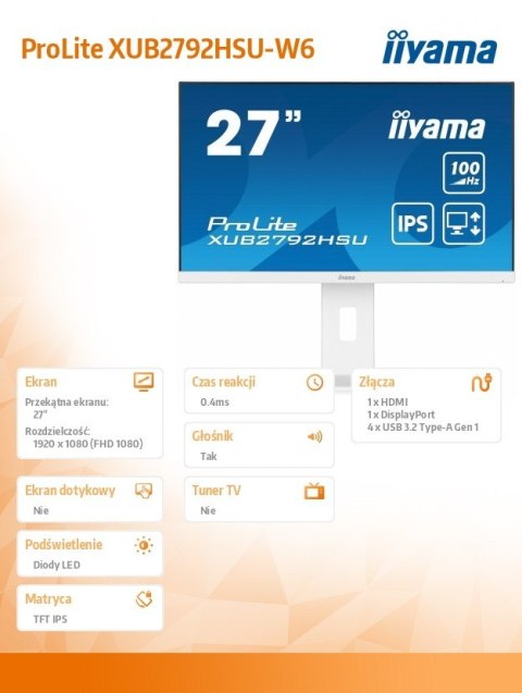 Monitor 27 cali ProLite XUB2792HSU-W6 IPS,HDMI,DP,100Hz,SLIM,4xUSB3.2,PIVOT, HAS(150mm),2x2W