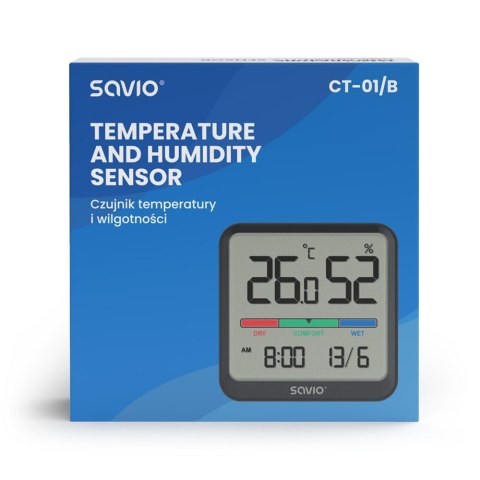 Czujnik temperatury i wilgotności, do użytku wewnętrznego, ekran LCD, zegar, data, uchwyt z magnesem, CT-01/B Czarny