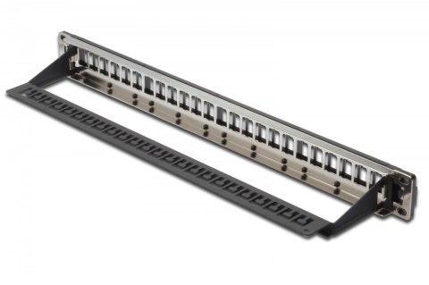 Panel krosowy (patch panel) modularny 19" 24 porty pod moduły keystone, 1U, ekranowany, prowadnica kabli, wymienne pola opisowe 