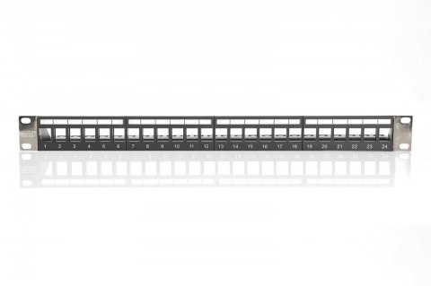 Panel krosowy (patch panel) modularny 19" 24 porty pod moduły keystone, 1U, ekranowany, prowadnica kabli, wymienne pola opisowe 