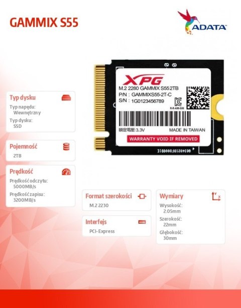 Dysk SSD XPG GAMMIX S55 2TB PCIe 4x4 5/3.2GB/s M2230