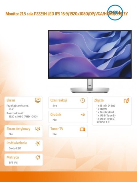 Monitor 21.5 cala P2225H LED IPS 16:9/1920x1080/DP/VGA/HDMI/USB/3Y