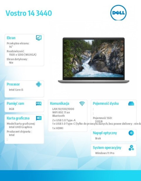 Notebook Vostro 14 (3440) Win11Pro i5-1334U/8GB/512GB SSD/14.0 FHD+/Intel UHD/FgrPr/Cam & Mic/WLAN + BT/Backlit Kb/3 Cell/3YPS